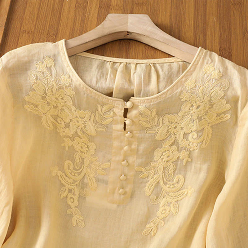 Buddha Stones Flower Vines Embroidery Button Crew Neck Three Quarter Sleeve Women's Cotton Shirt