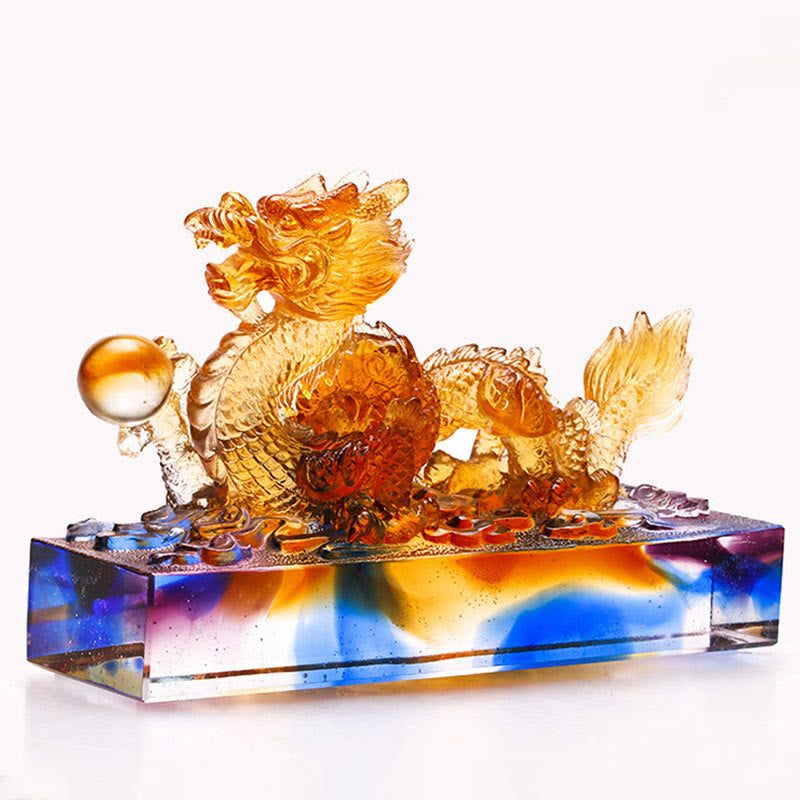 Buddha Stones Handmade Multicolored Dragon Liuli Crystal Art Piece Protection Home Office Decoration