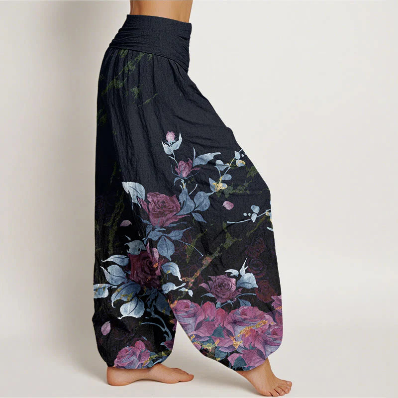 Buddha Stones Cotton Blooming Roses Pattern Women's Elastic Waist Harem Pants