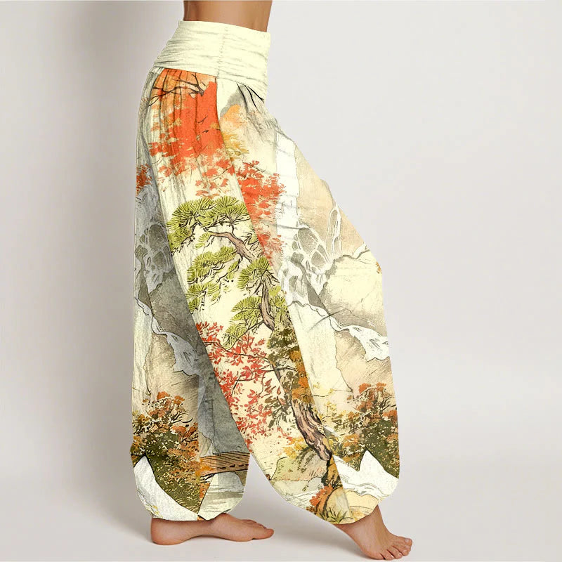 Buddha Stones Pure Cotton Color Coordinated Landscape Tree Pattern Women's Elastic Waist Harem Pants