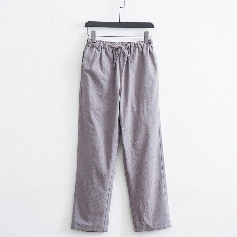 Buddha Stones Men's Solid Color Cotton Linen Casual Drawstring Pants With Pockets