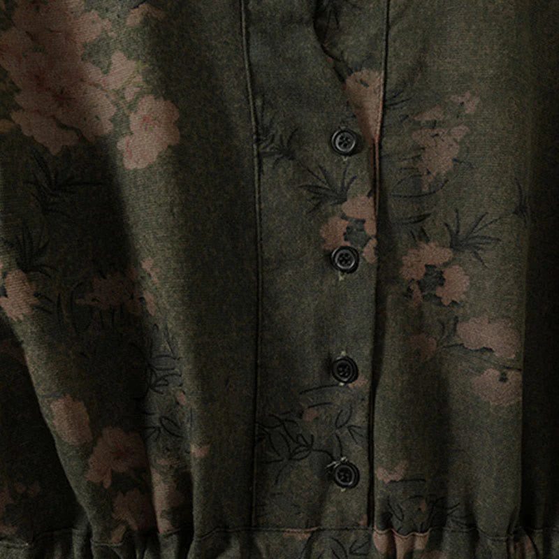 Buddha Stones Casual Flower Printed Pattern Buttons Design Long Sleeve Midi Dress With Pockets