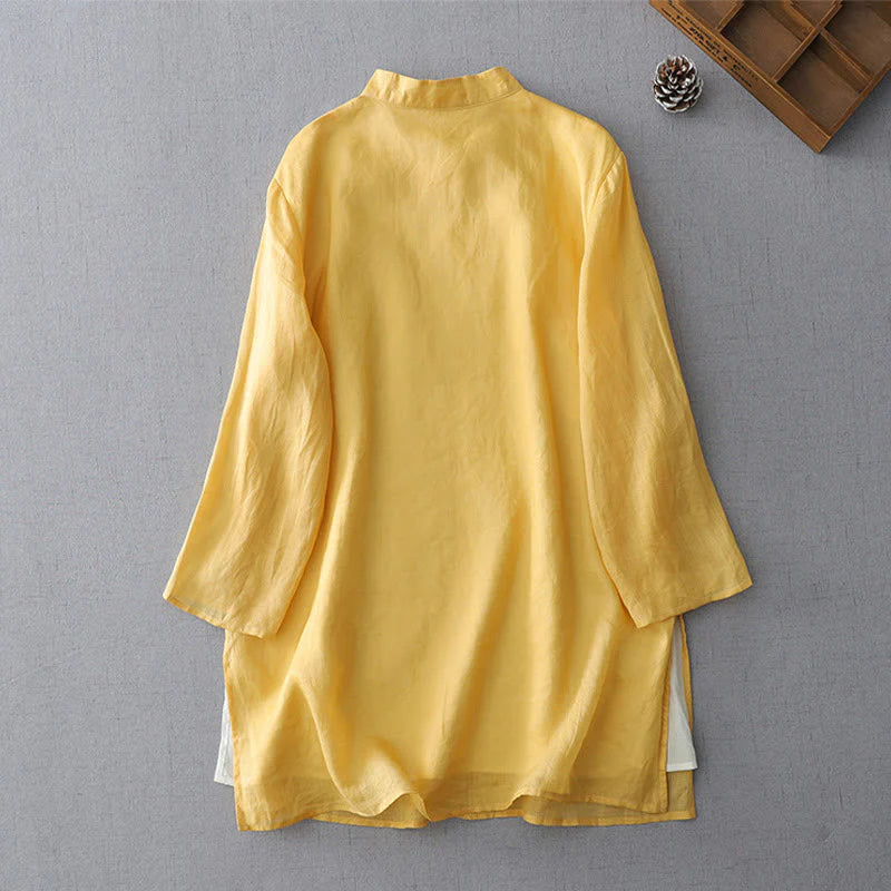 Buddha Stones Solid Color Frog-Button Three Quarter Sleeve Double Layer Cotton Linen Shirt