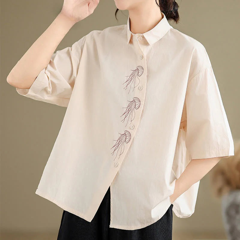 Buddha Stones Casual Women's Embroidered Jellyfish Pattern Stand Collar Buttons Design Half Sleeve Cotton Shirt