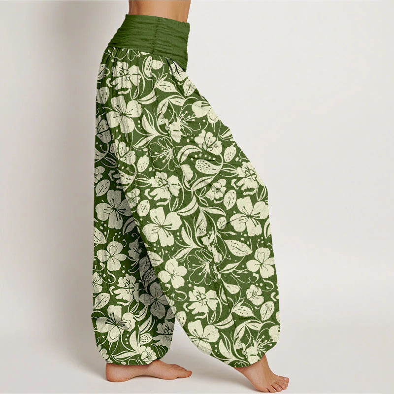Buddha Stones Cotton Repeated Flowers Leaves Pattern Women's Elastic Waist Harem Pants