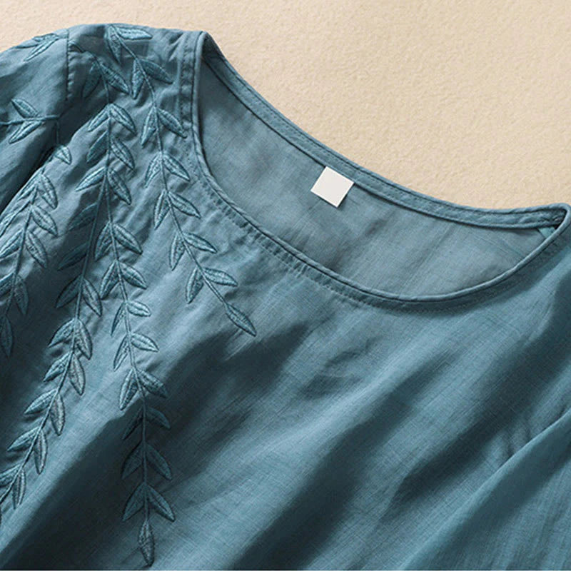 Buddha Stones Embroidery Leaves Women's Cotton Linen Half Sleeve T-shirt