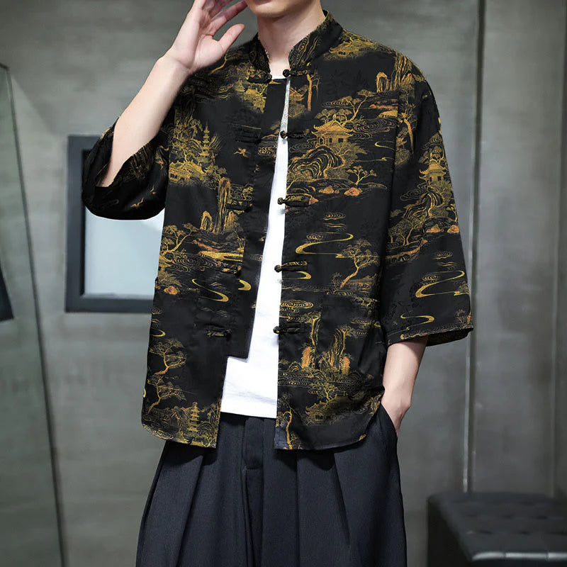 Buddha Stones Spring Frog-Button Dragon Mountain Flower Three Quarter Sleeve Tang Suit Men's Shirt With Pockets