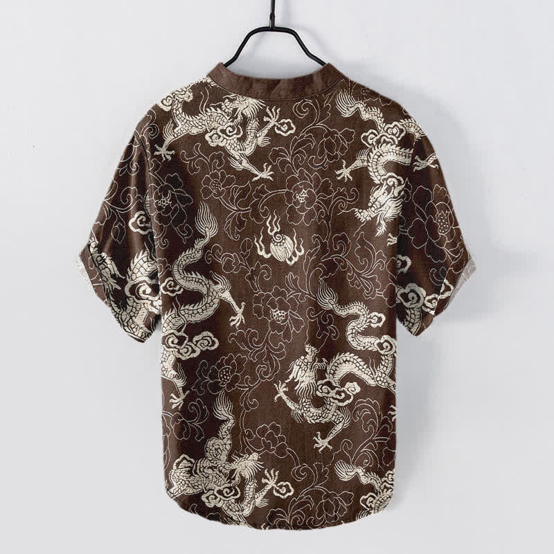 Buddha Stones Cotton Dragon Lotus Pattern Men's Short Sleeve Half Button Shirt