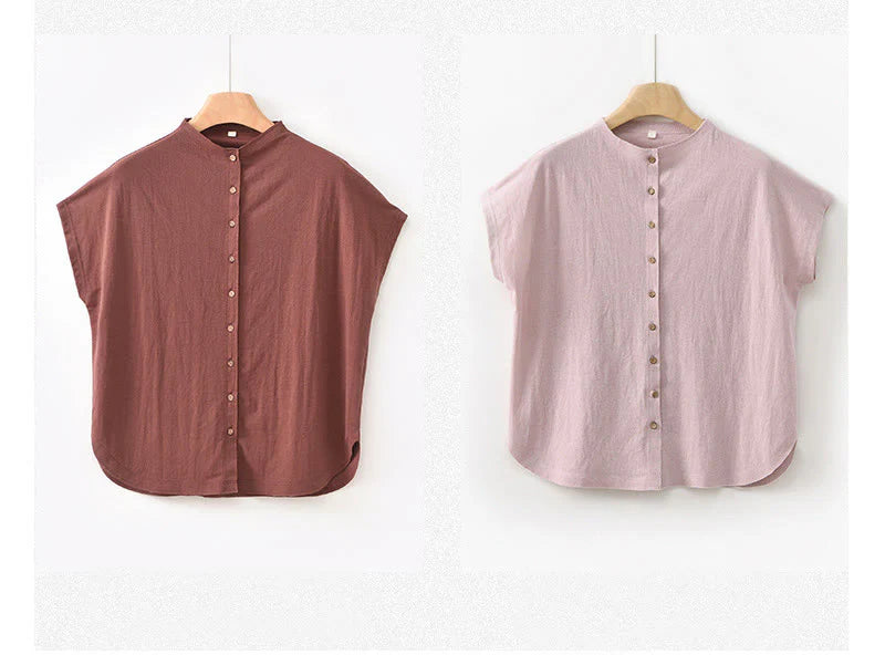 Buddha Stones Vintage Buttons Design Stand Collar Cotton Short Sleeve Women's Shirt