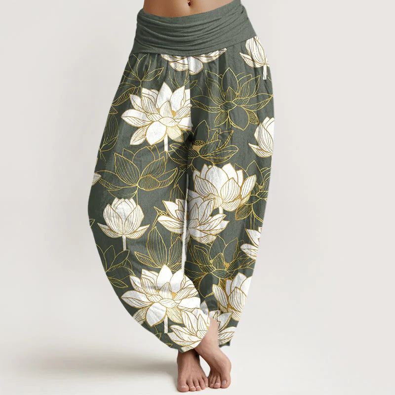 Buddha Stones Cotton Elegant Refined Lotus Flower Pattern Women's Elastic Waist Harem Pants