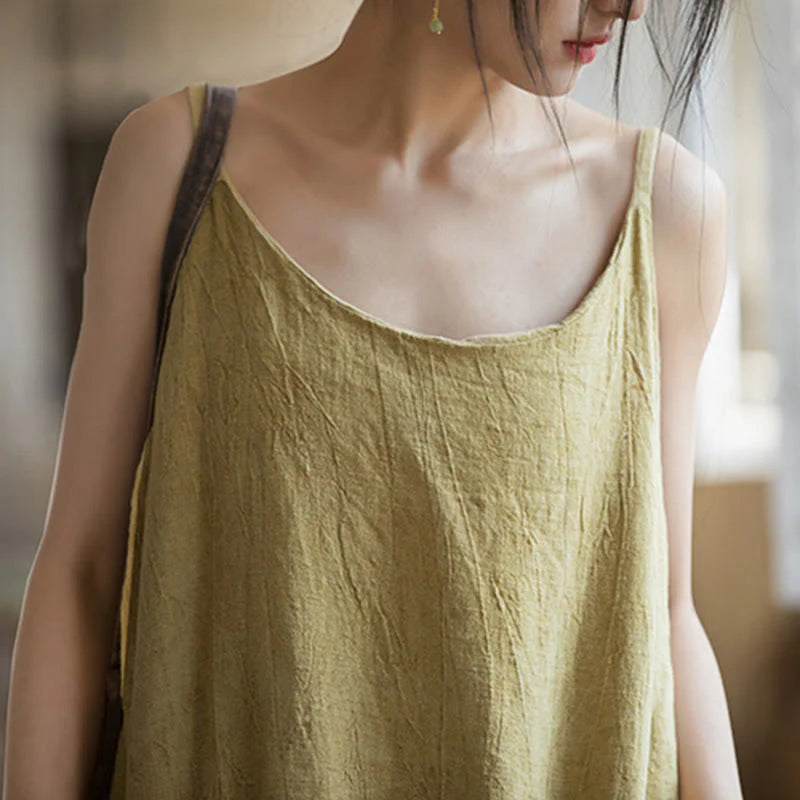 Buddha Stones Summer Spaghetti Strap Handmade Tie Dye Linen Midi Cami Dress