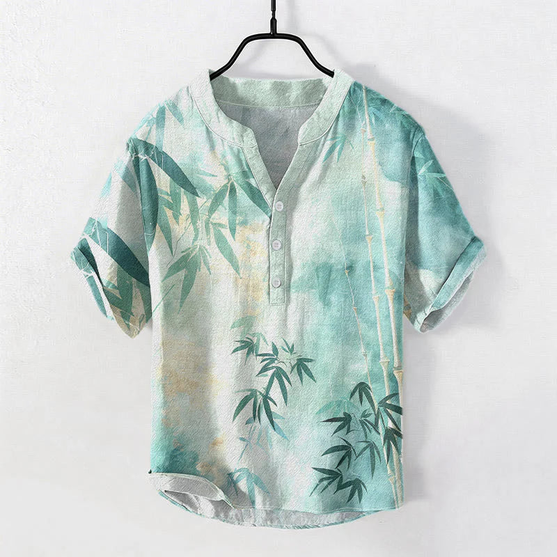 Buddha Stones Cotton Bamboo Pattern Men's Short Sleeve Half Button Shirt
