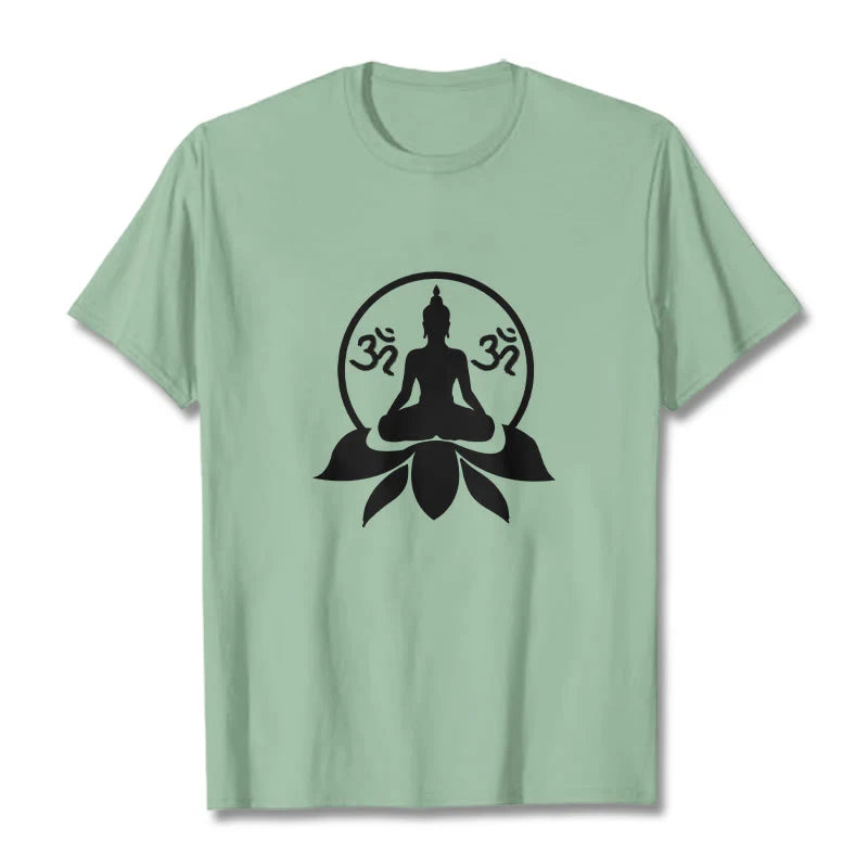 Buddha Stones OM Symbol Sanskrit Mantras Buddha Seated On Lotus Flower Design Tee T-shirt