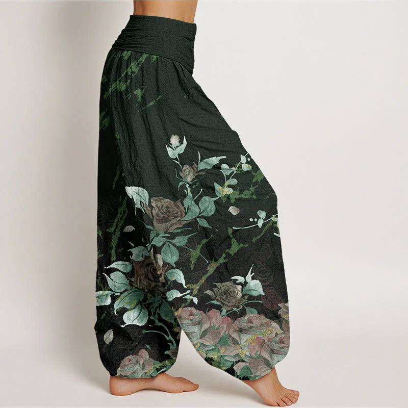 Buddha Stones Cotton Blooming Roses Pattern Women's Elastic Waist Harem Pants