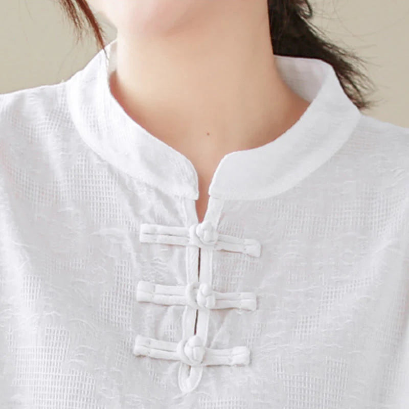 Buddha Stones Jacquard Frog-button Stand Collar Embroidered Three Quarter Sleeve Design Women's Cotton Shirt