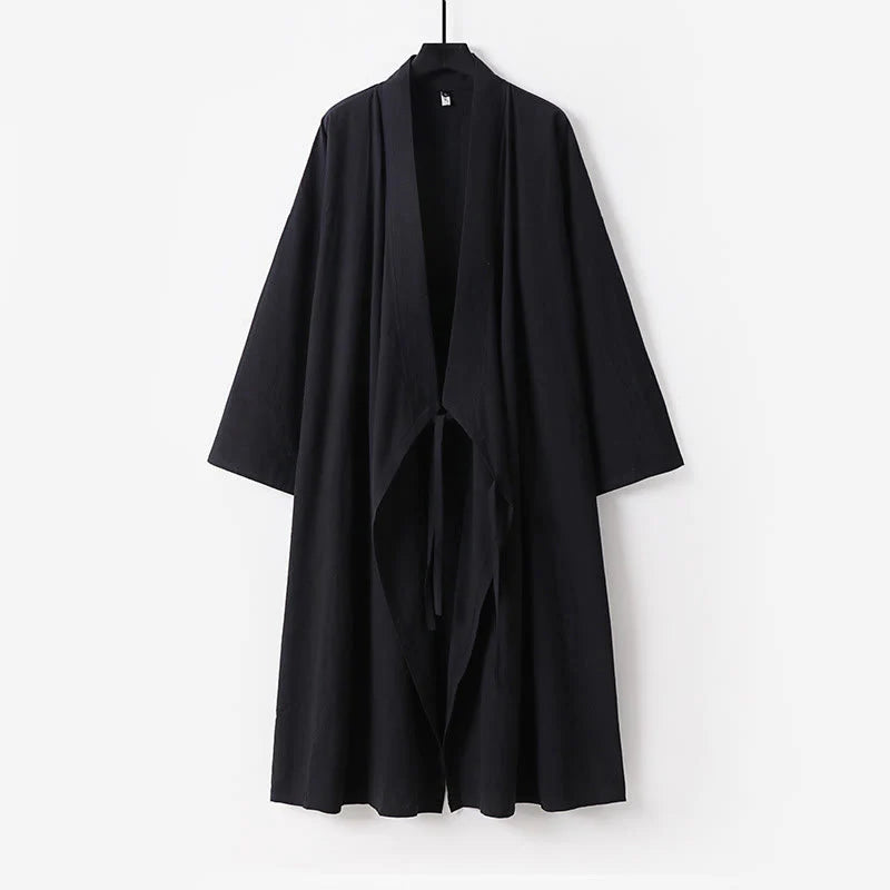 Buddha Stones 2Pcs Wudang Fall Solid Long Sleeve Men's Taoist Long Robe Sleeveless Vest Lace-up Kimono Ceremony Suit