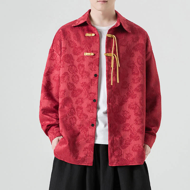 Buddha Stones Frog-Button Leaves Pattern Long Sleeve Men's Tang Suit Jacket