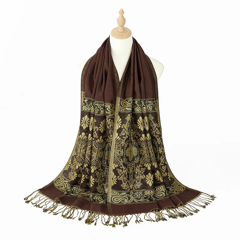 Buddha Stones Spring Golden Cashew Flower Geometric Pattern Tassel Cozy Scarf Shawl