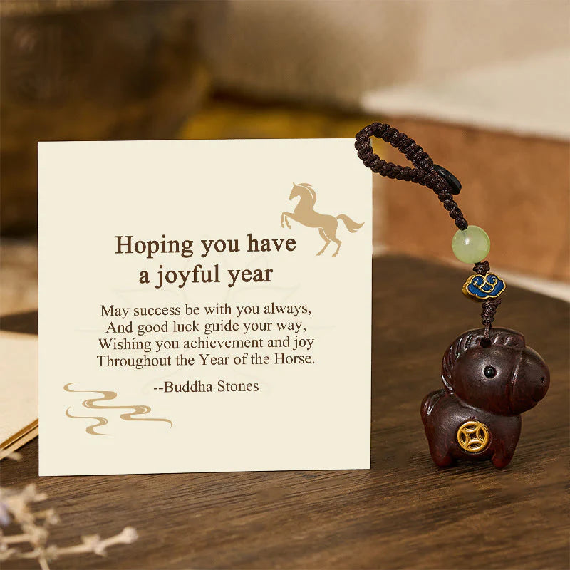 Buddha Stones Hoping You Have a Joyful Year Year of the Horse Rainbow Eucalyptus Small Leaf Red Sandalwood Key Chain Includes Gift Message Card