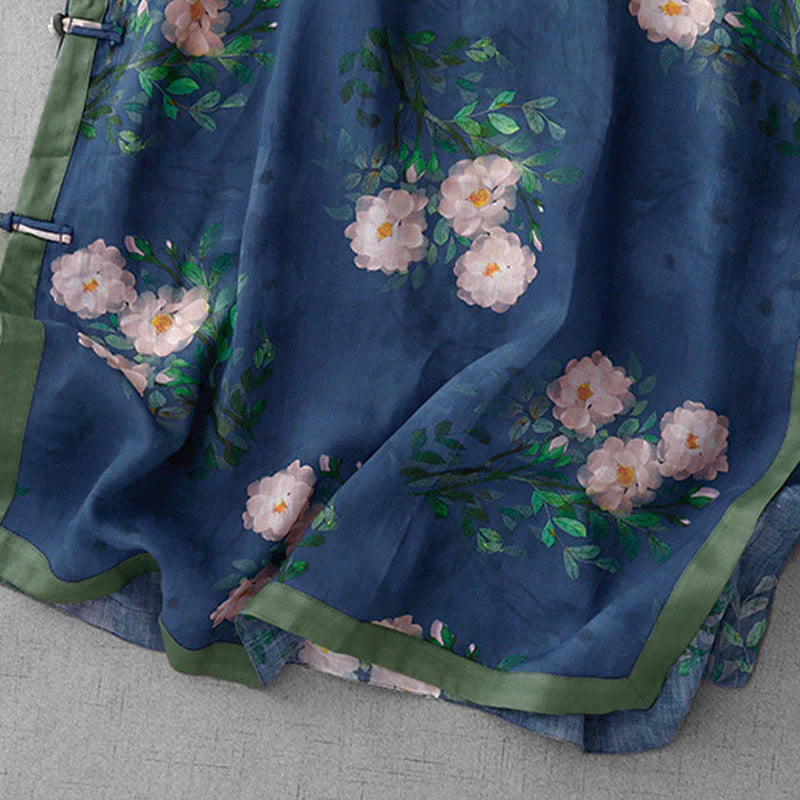 Buddha Stones Frog-Button Orchid Pomegranate Flowers Pattern Side Slit Design Half Sleeve Midi Dress