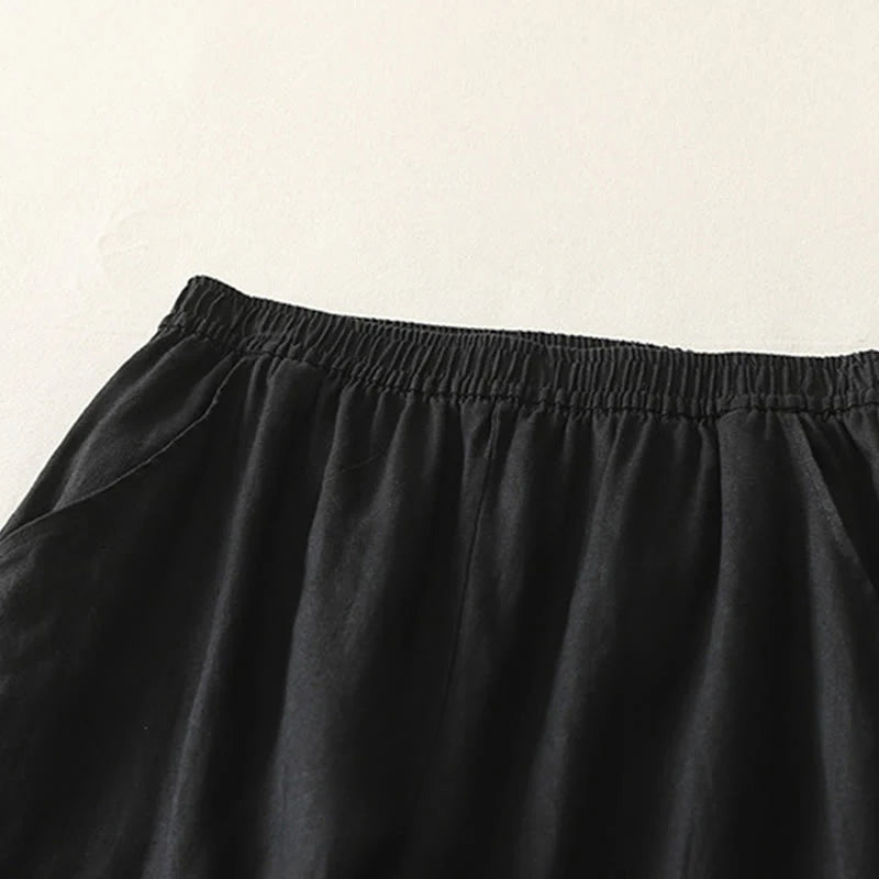Buddha Stones Summer Daily Solid Color Elastic Waistband Design Women's Wide Leg Cotton Linen Pants With Pockets