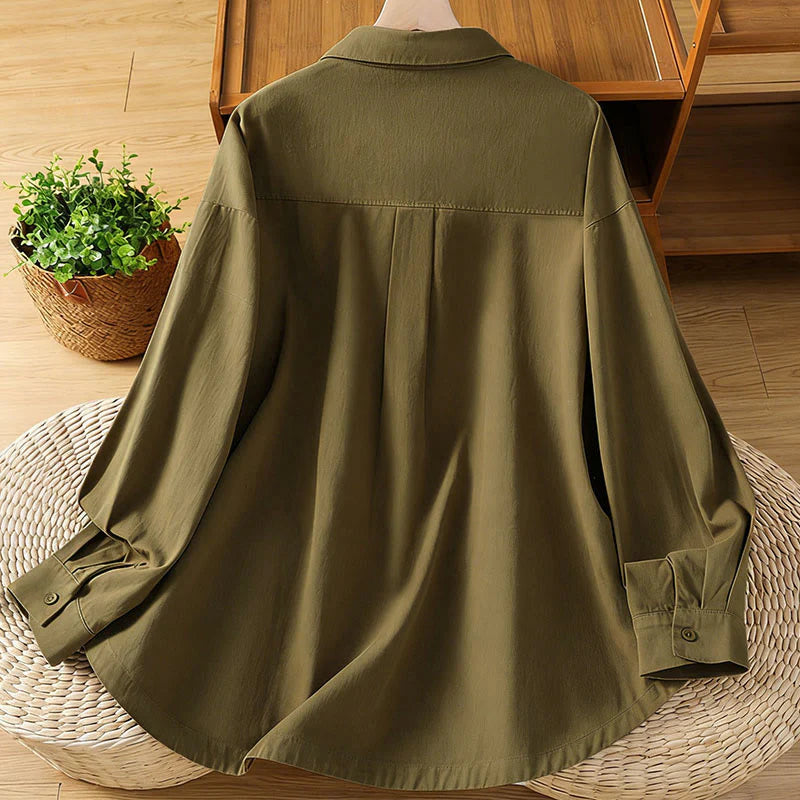 Buddha Stones Spring Plain Lapel Long Sleeve Women's Cotton Shirt With Pockets
