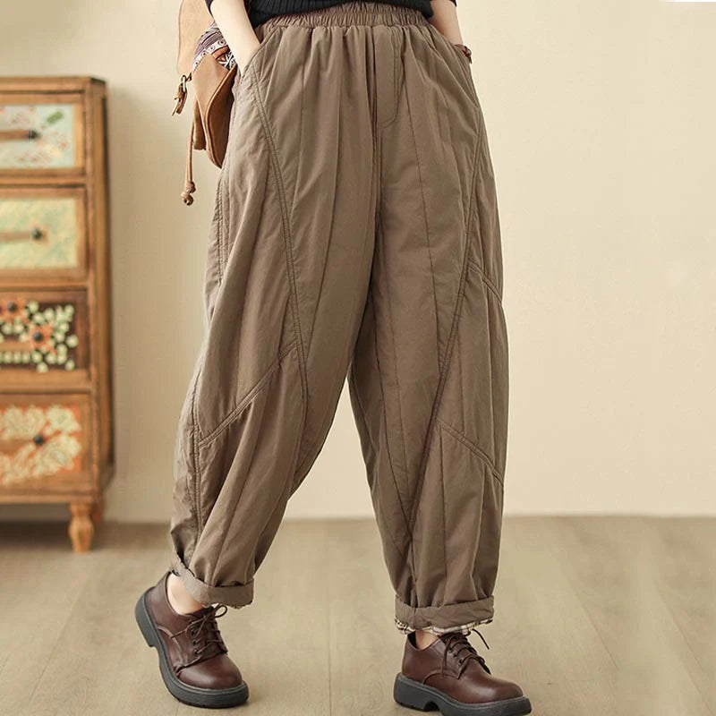 Buddha Stones Winter Plain High Waist Cotton Women's Harem Thermal Elastic Waist Pants With Pockets