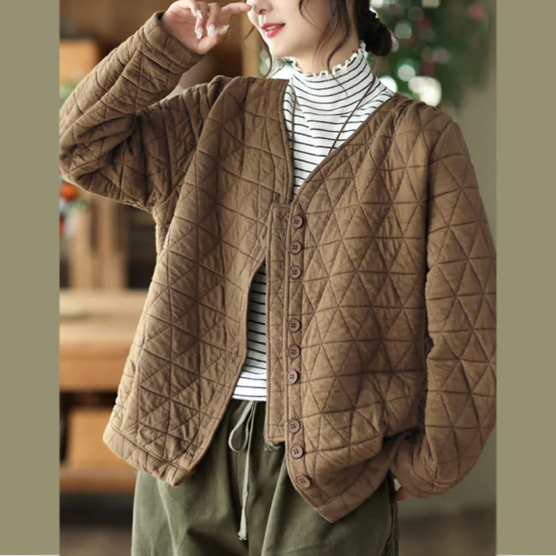 Buddha Stones Winter Cotton Long Sleeve Diamond Pattern Women's Thermal Jacket With Pockets