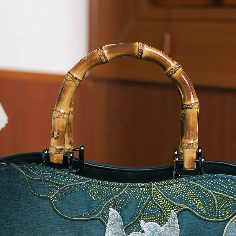 Buddha Stones Lotus Embroidery Bamboo Handle Handbag
