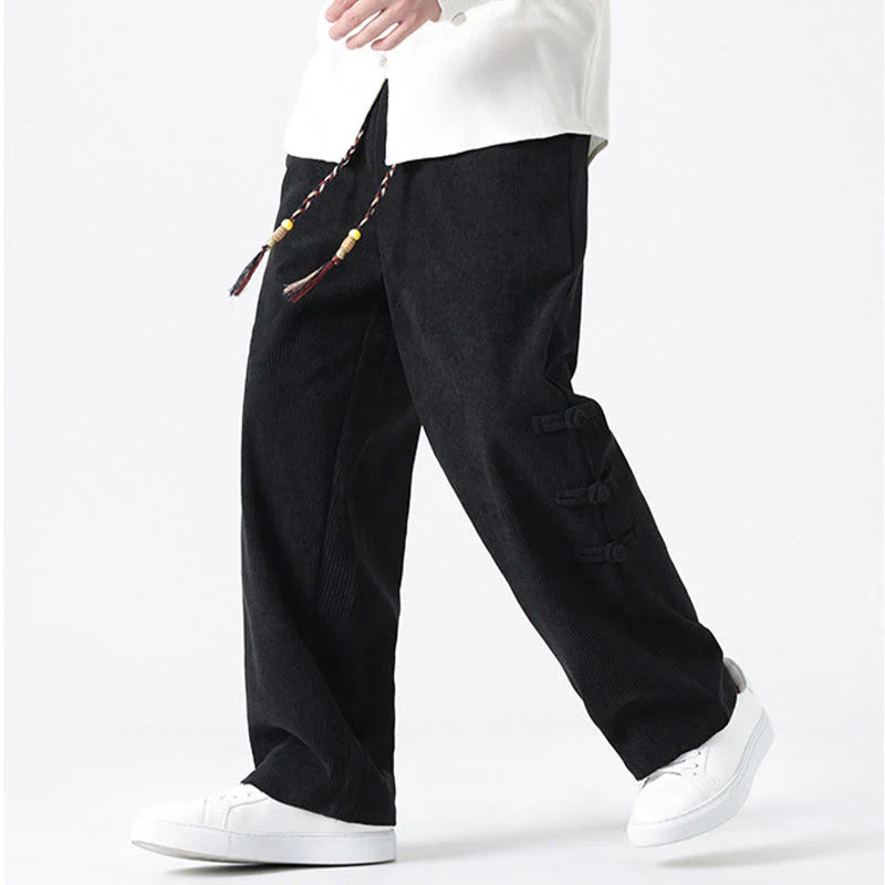 Buddha Stones Plain Chinese Frog-Button Design Drawstring Men's Corduroy Pants With Pockets