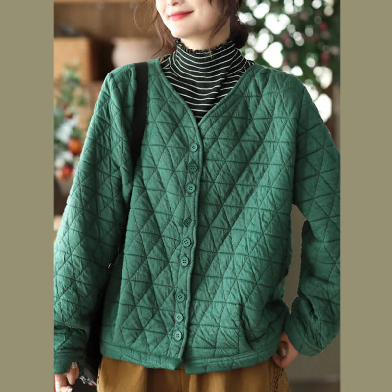 Buddha Stones Winter Cotton Long Sleeve Diamond Pattern Women's Thermal Jacket With Pockets