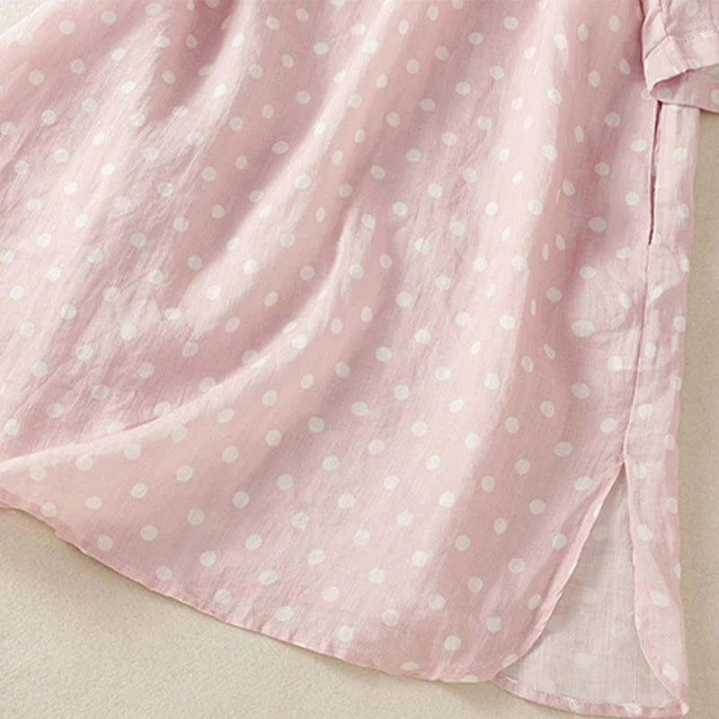 Buddha Stones Spring Polka Dot Button Stand Collar Polyester Midi Dress With Pockets