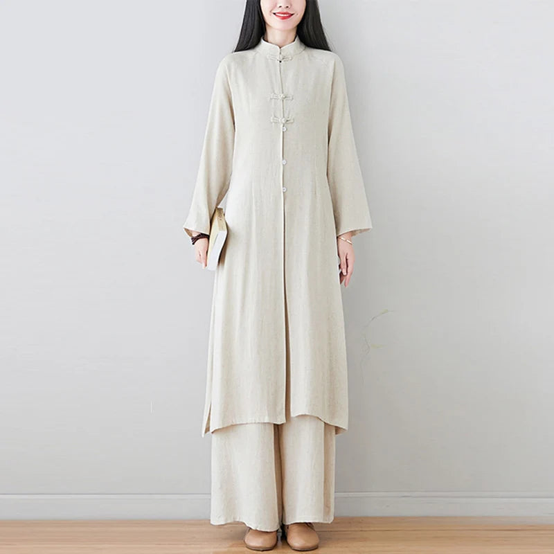 Buddha Stones 2Pcs Chinese Frog Button Design Zen Tai Chi Meditation Clothing Cotton Linen Top Pants Women's Set