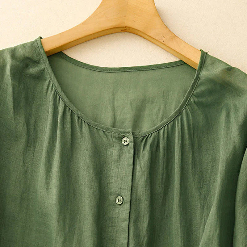 Buddha Stones Plain Button Crew Neck Design Women's Blend Three Quarter Sleeve Shirt