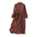 Buddha Stones Fall Solid Color Buttons Down Lace-up Design Long Sleeve Midi Dress With Pockets