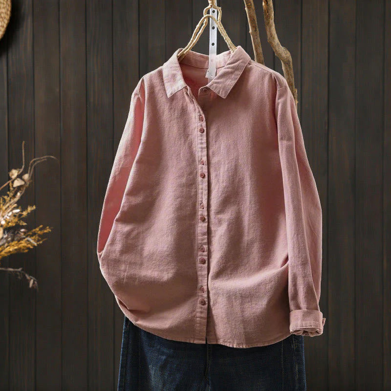 Buddha Stones Fall Solid Color Button Down Stand Collar Long Sleeve Women's Cotton Shirt