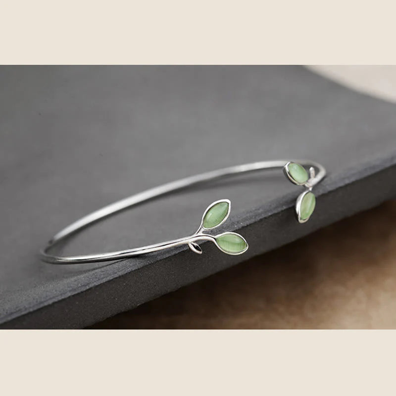 Buddha Stones Leaf Pattern Cat Eye Support Cuff Bracelet Bangle