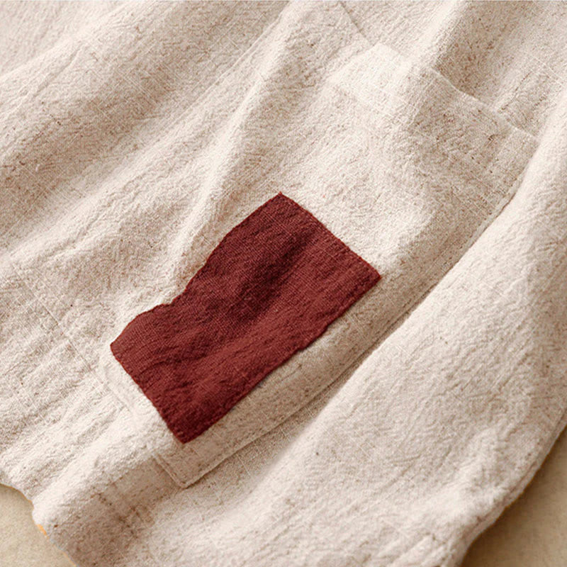 Buddha Stones Colorblock Side Slit  Frog-Button Cotton Linen Half Sleeve Women's Shirt With Pockets