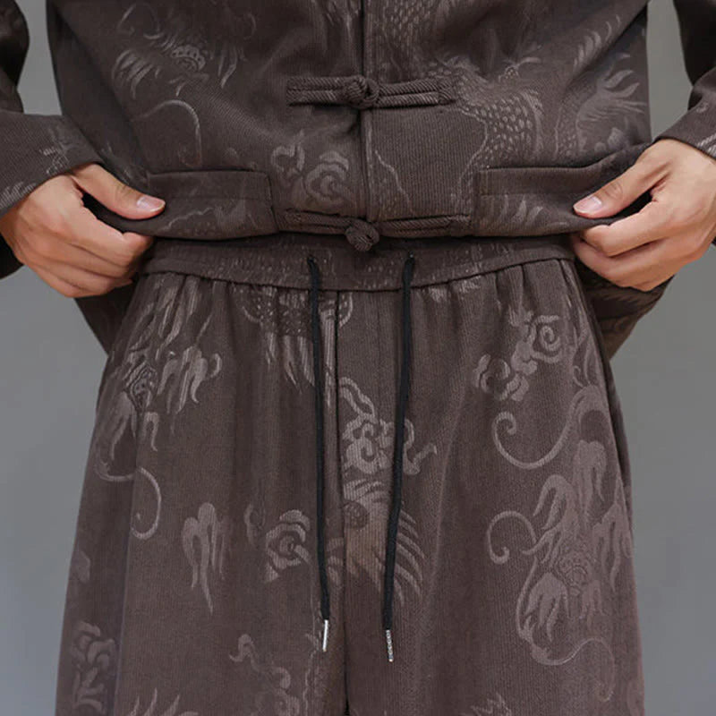 Buddha Stones 2Pcs Fall Winter Men's Tang Suit Dragon Frog-Button Cotton Corduroy Long Sleeve Jacket Pants Set With Pockets