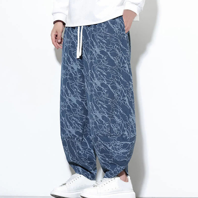 Buddha Stones Fall Textured Lines Print Cotton Elastic Waist Ankle-Length Men's Harem Pants With Pockets