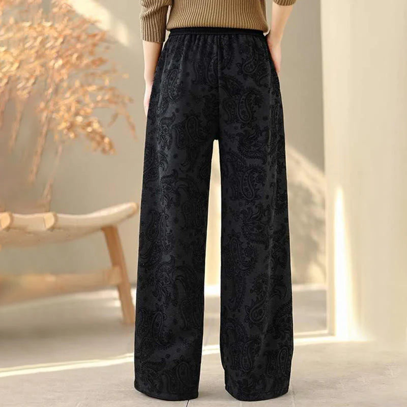 Buddha Stones Jacquard Paisley Pattern Women's Wide Leg Thermal Fleece-Lined Cotton Pants With Pockets