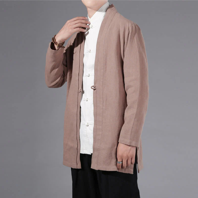 Buddha Stones Plain Simple Design Open Front Cotton Linen Men's Long Sleeve Jacket Kimono