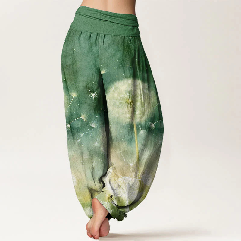Buddha Stones Cotton Casual Dandelion Pattern Women's Elastic Waist Harem Pants