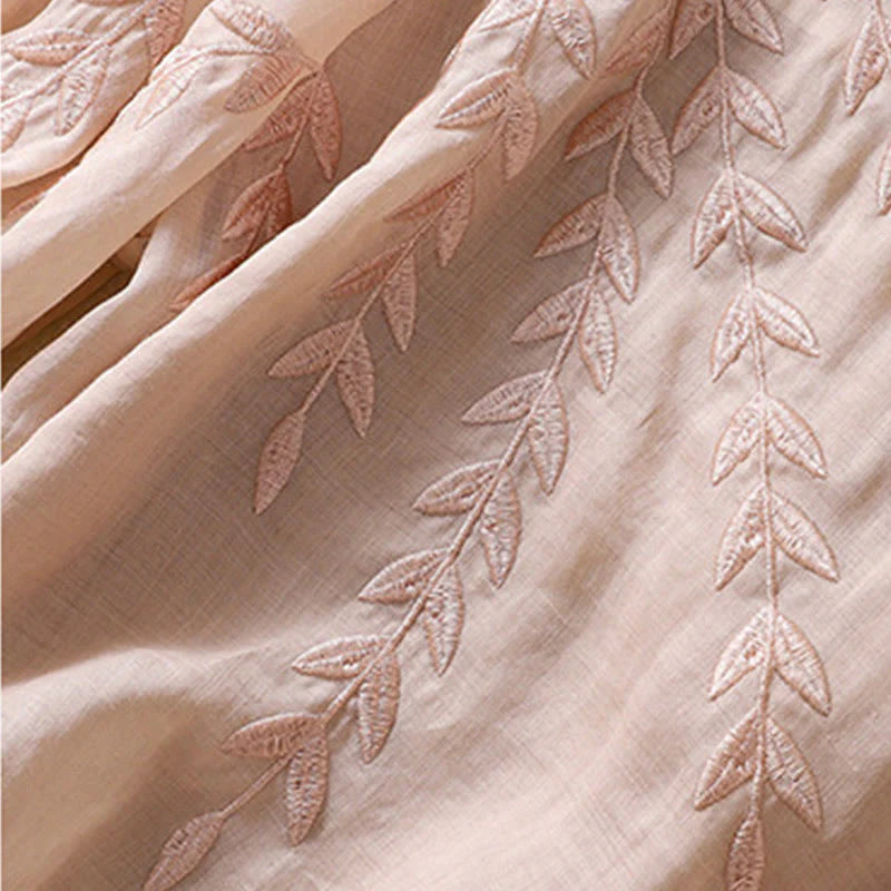Buddha Stones Embroidery Leaves Women's Cotton Linen Half Sleeve T-shirt