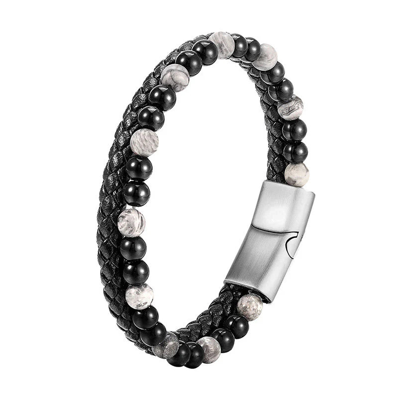 Buddha Stones Black Onyx Grey Jasper Titanium Steel Stability Leather Bracelet