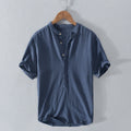 Buddha Stones Solid Color Short Sleeve Half Button Shirt Cotton Men Clothing