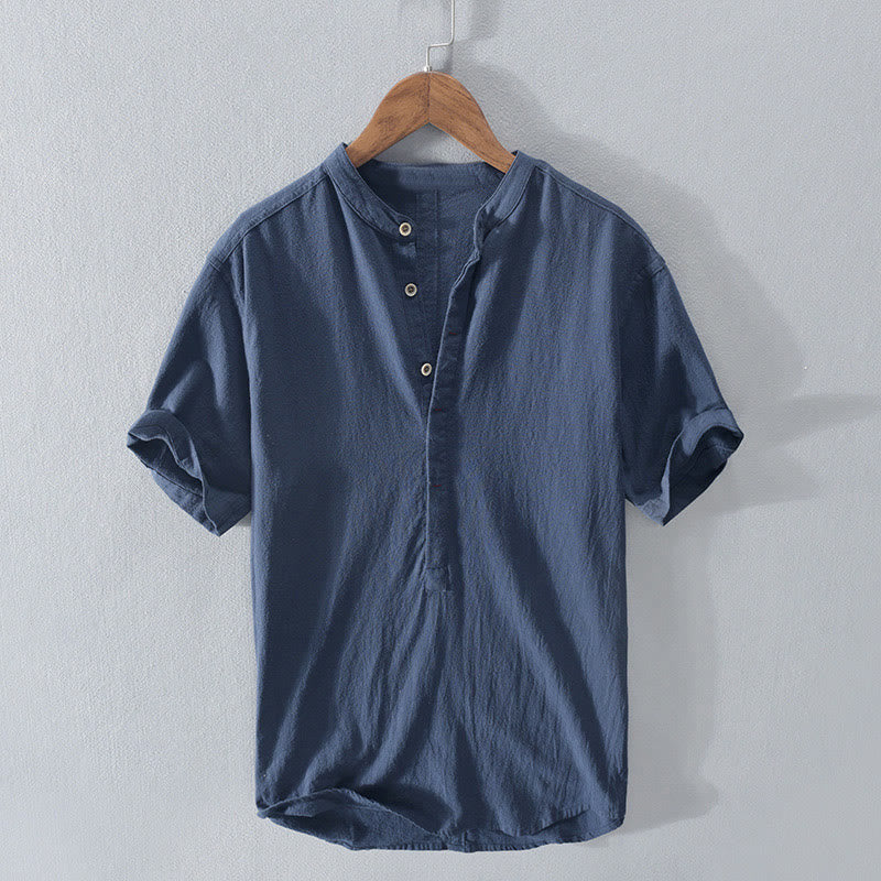 Buddha Stones Solid Color Short Sleeve Half Button Shirt Cotton Men Clothing