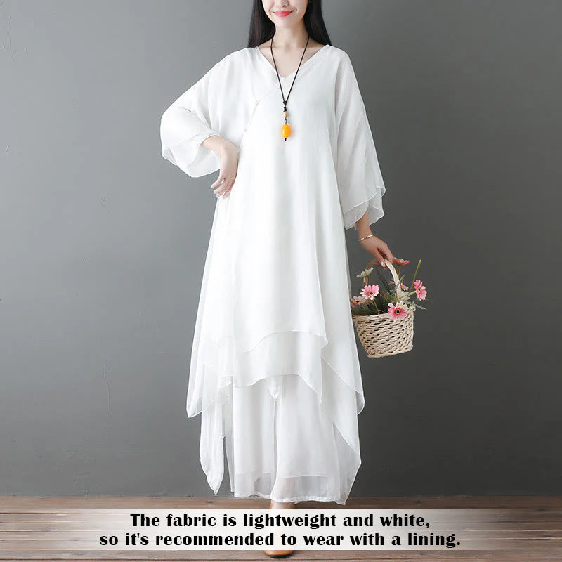 Buddha Stones V-Neck Midi Tunic Dress Wide Leg Pants Meditation Zen Practice Dance Clothing