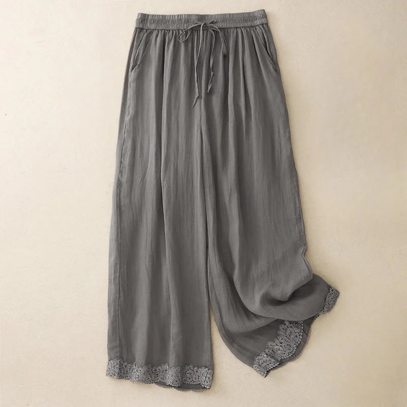 Buddha Stones Causal Vintage Plain Drawstring Lace Patchwork Design Women's Wide Leg Cotton Elastic Waistband Pants With Pockets