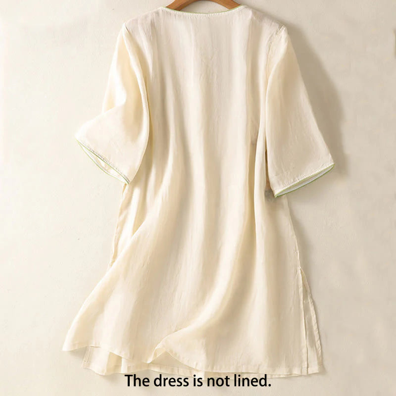 Buddha Stones Embroidery Flower Hem Slit Design Half Sleeve Cotton Linen Zen Midi Dress